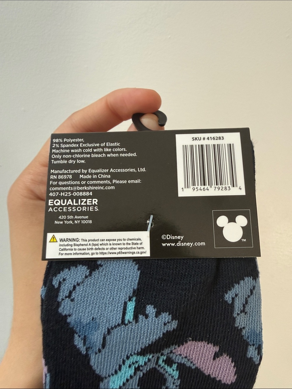 Disney Black Crew Socks with Blue & Lavender Stitch Motif Size 9-13 1 pair - Picture 5 of 6